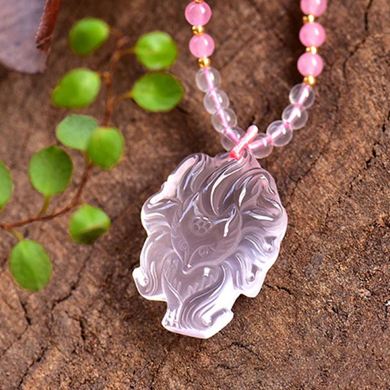 Collar con colgante de amor de zorro de nueve colas, cristal rosa Natural, Buddha Stones