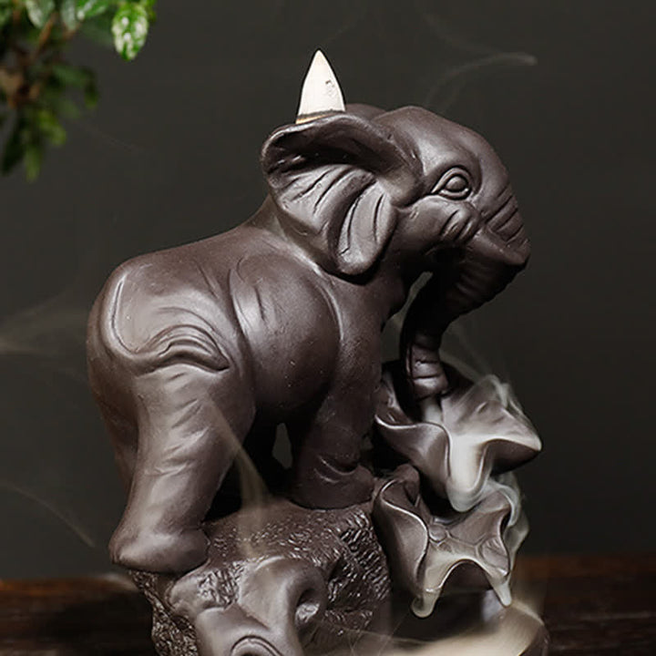 Elefante tibetano, fuente de humo de reflujo de arcilla púrpura, decoración de quemador de incienso curativo de paz