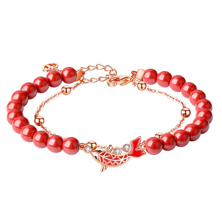 Pulsera de cadena de doble capa con Buddha Stones, Plata de Ley 925, pez Koi de la suerte, circón cinabrio, prosperidad