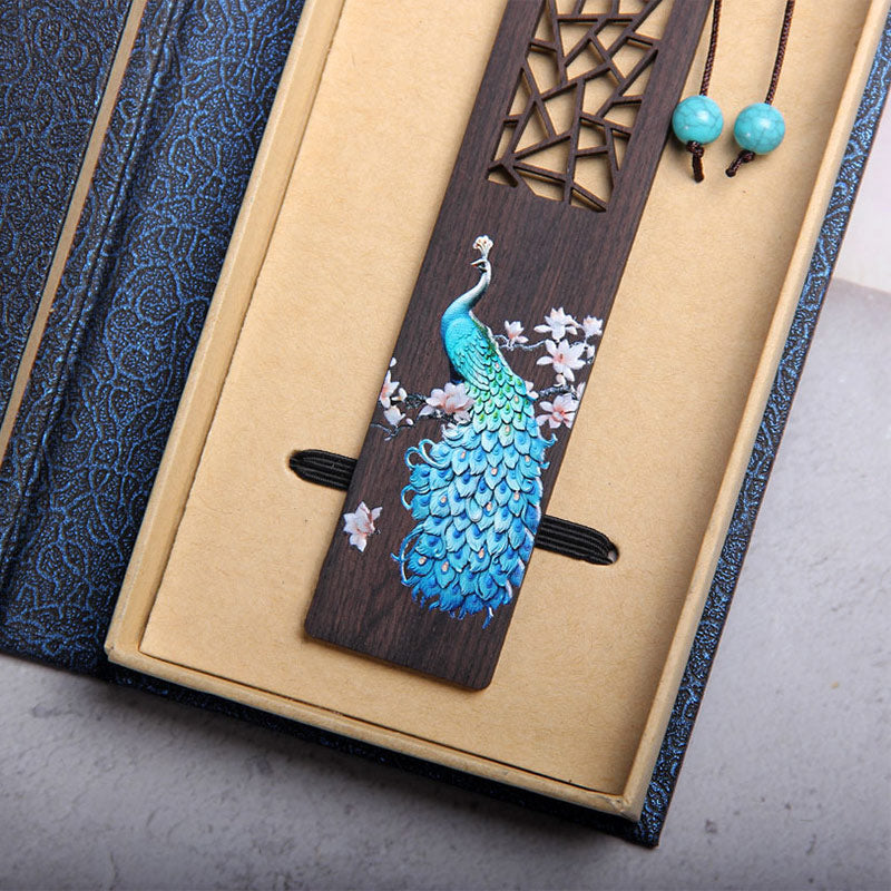 Marcadores de libros de madera de ébano y pavo real azul con Buddha Stones y caja de regalo