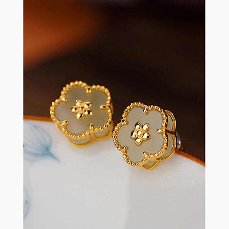 Pendientes de plata de ley 925 con Buddha Stones , jade hetiano y flor de ciruelo