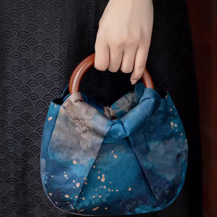 Bolso de mano con asa de madera azul con flor de jacquard hecho a mano con Buddha Stones