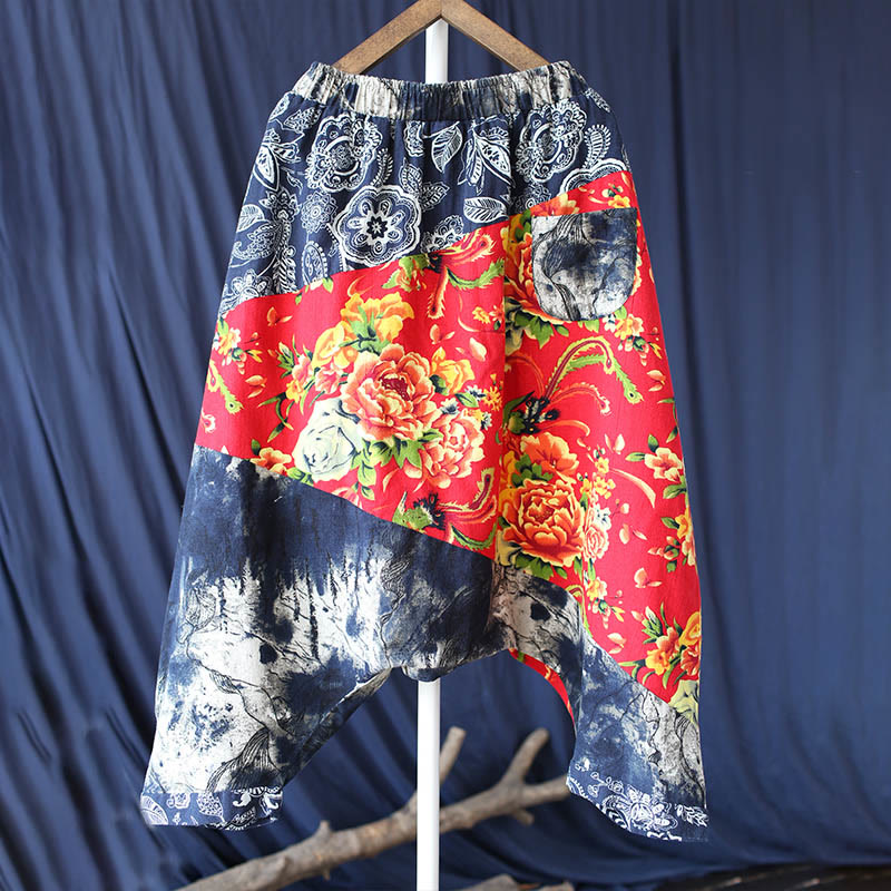 Pantalones bombachos de lino y algodón con retazos de flores de peonía azul y rojo con Buddha Stones y bolsillos