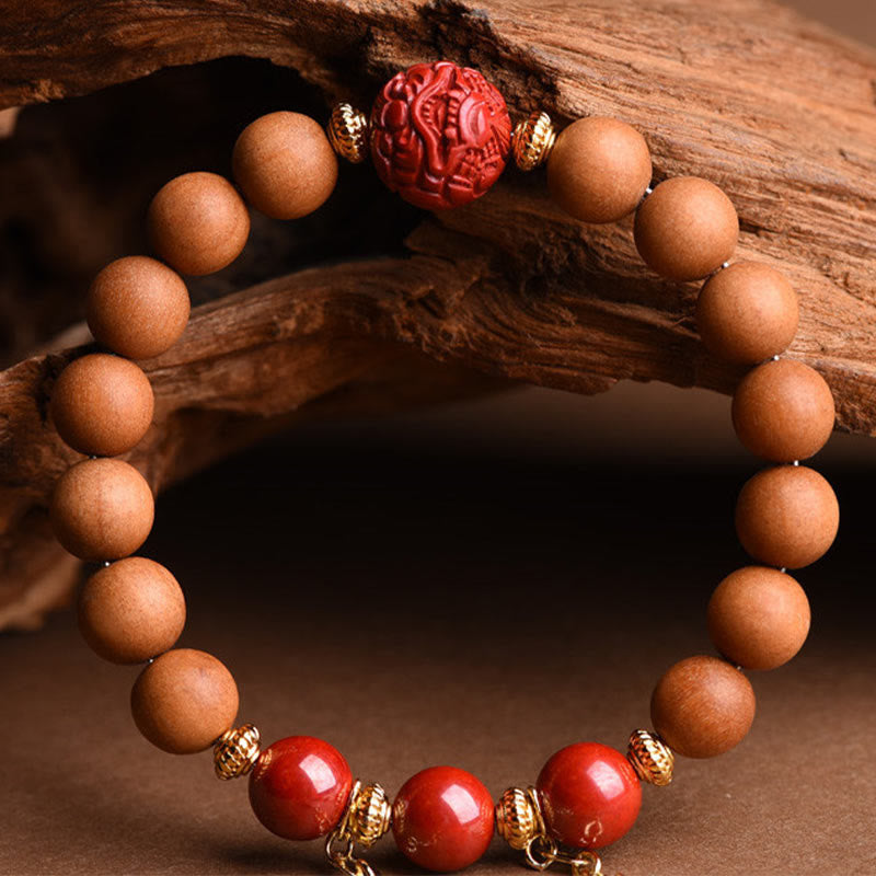 Pulsera de borlas de riqueza PiXiu de cinabrio de madera de melocotón Natural tibetana con Buddha Stones