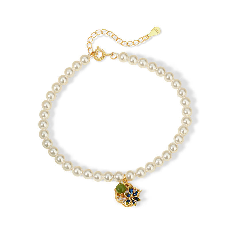 Juego de pendientes y pulsera con colgante de plata de ley 925 con Buddha Stones, flor de trébol de cuatro hojas, perla de Jade cian hetiano, curación