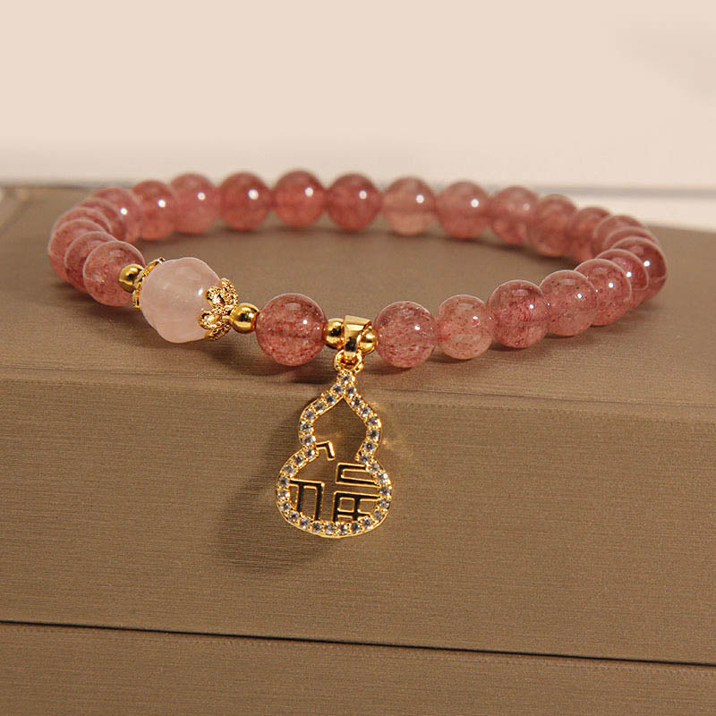 Pulsera positiva con dije de personaje Fu de calabaza de cuarzo fresa con Buddha Stones