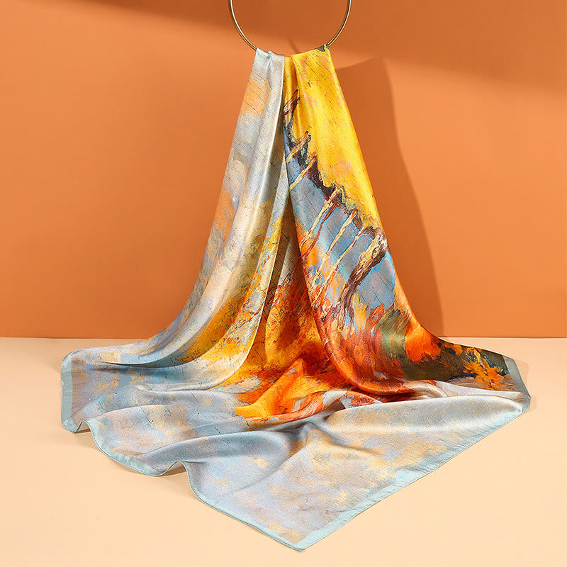 Buddha Stones Pintura al óleo Ciudad Escena de nieve Castillo Loto 100% Seda de morera Cuello Bufanda para el cabello - image 1