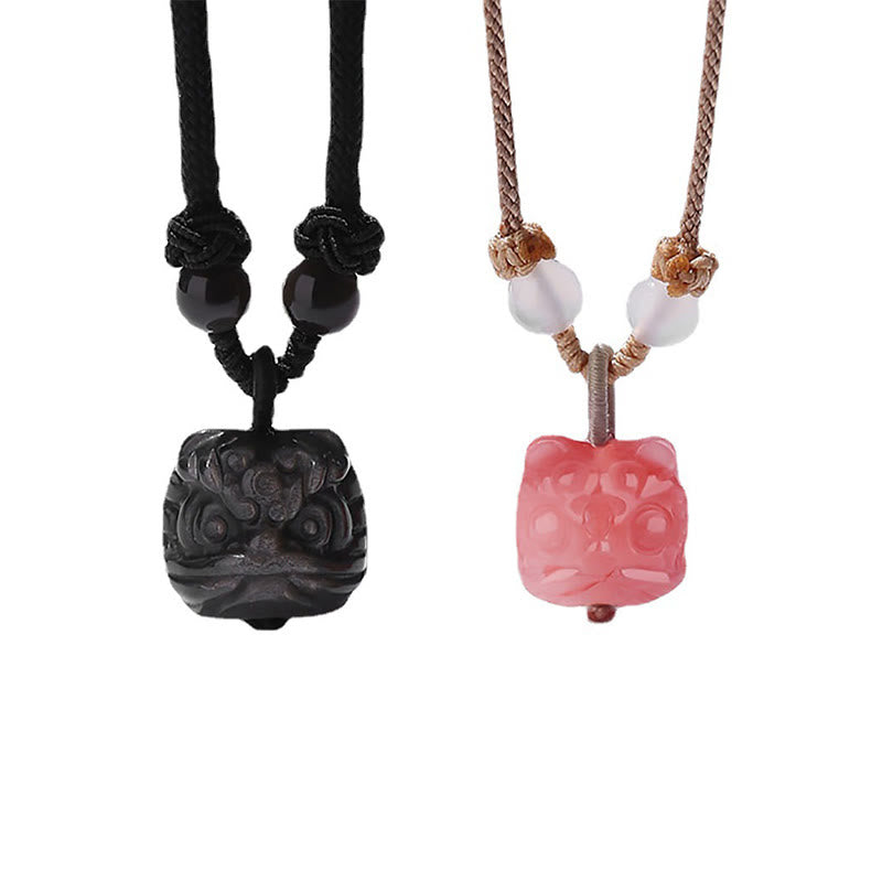 Collar con colgante de protección de León danzante de ágata roja obsidiana con brillo de plata Natural con Buddha Stones