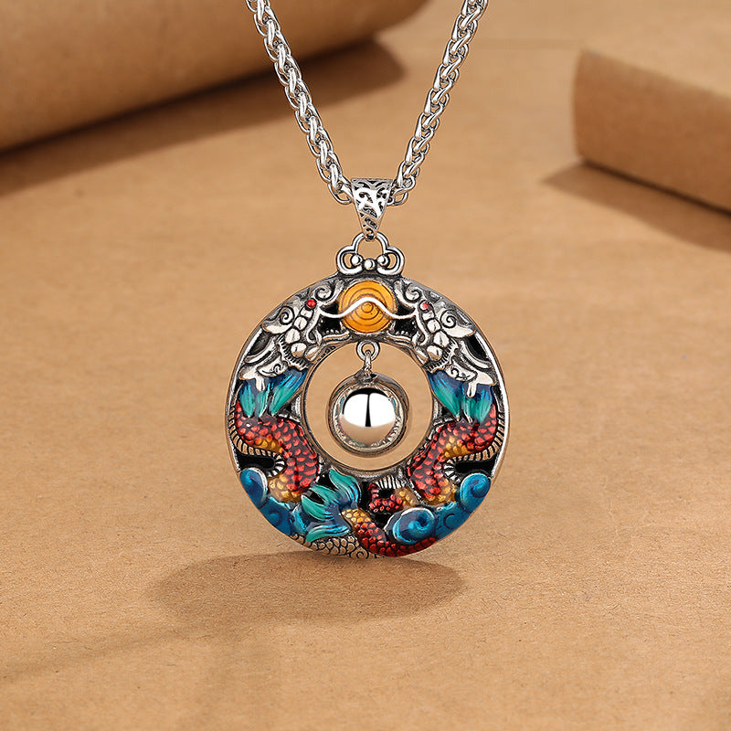 Colgante de collar de protección de cobre con cuentas de juego de dragones dobles coloridos del Año del Dragón de Buddha Stones