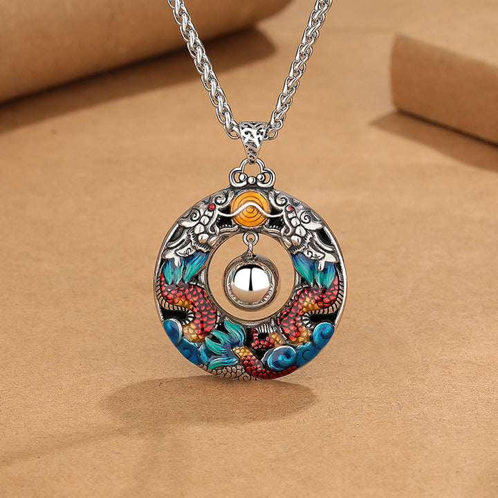 Colgante de collar de protección de cobre con cuentas de juego de dragones dobles coloridos del Año del Dragón de Buddha Stones