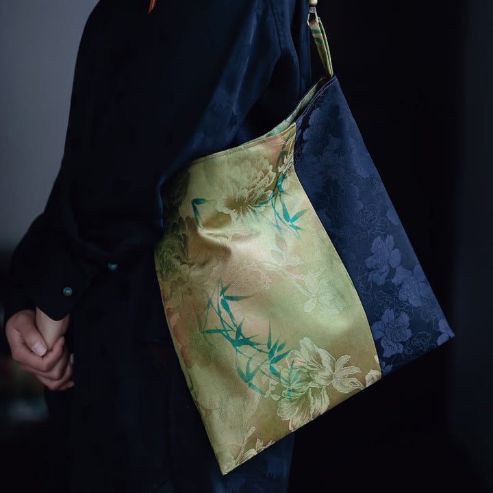 Bolso de hombro con Buddha Stones, hojas de bambú, flor, mariposa, caqui