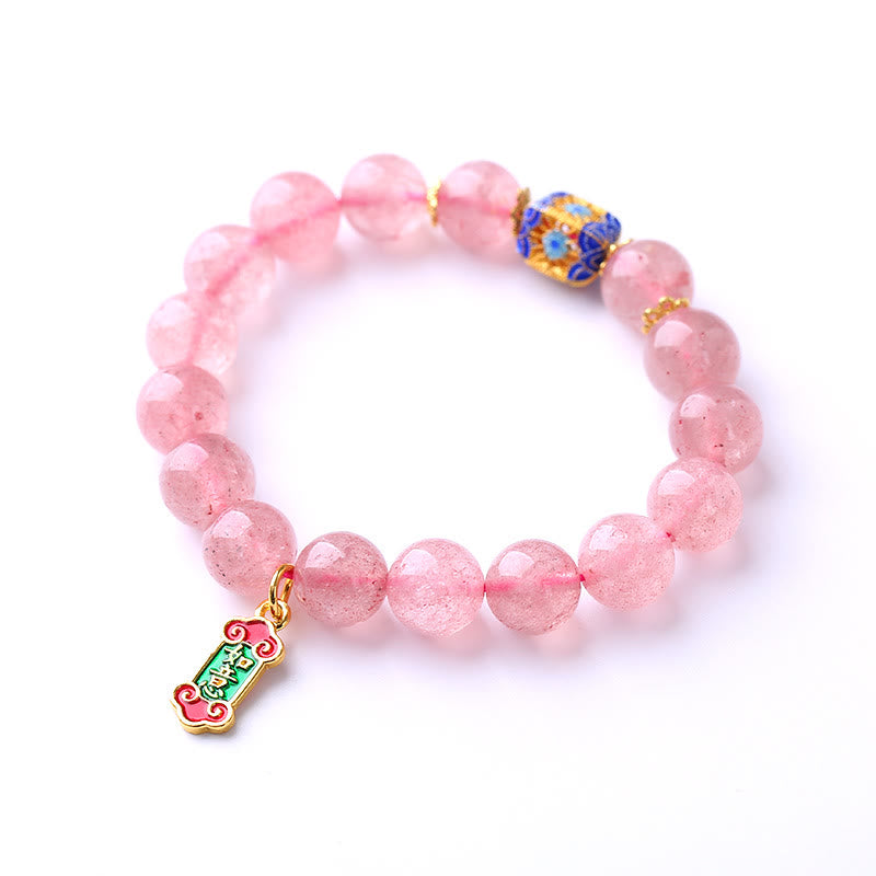 Pulsera con dijes Ruyi positivos de cuarzo fresa y Buddha Stones