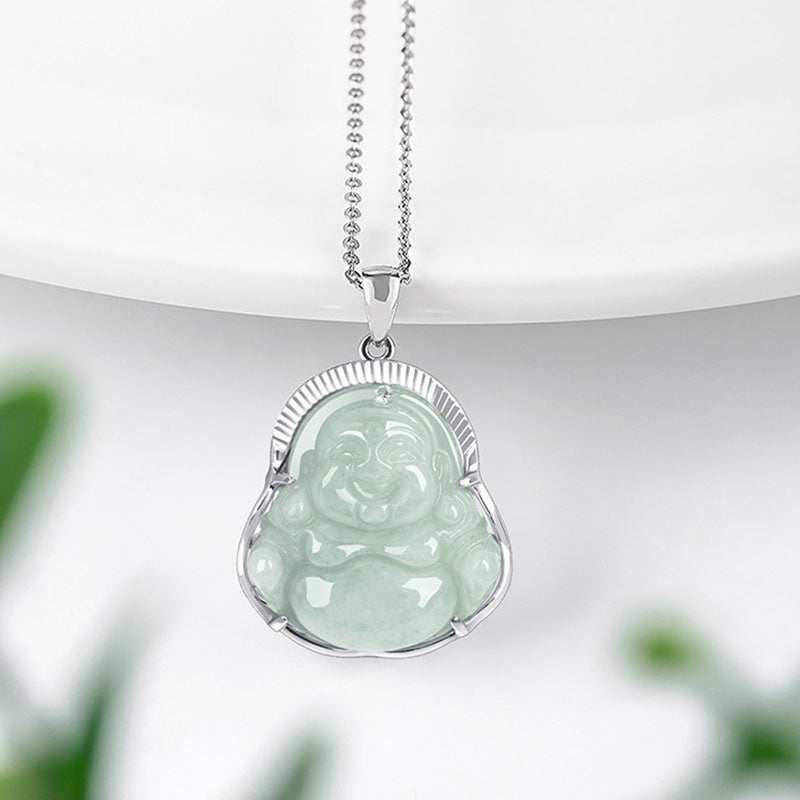 Collar con colgante de cadena de plata de ley 925 con Buddha Stones , Buda sonriente, jade, suerte y calma - image 2