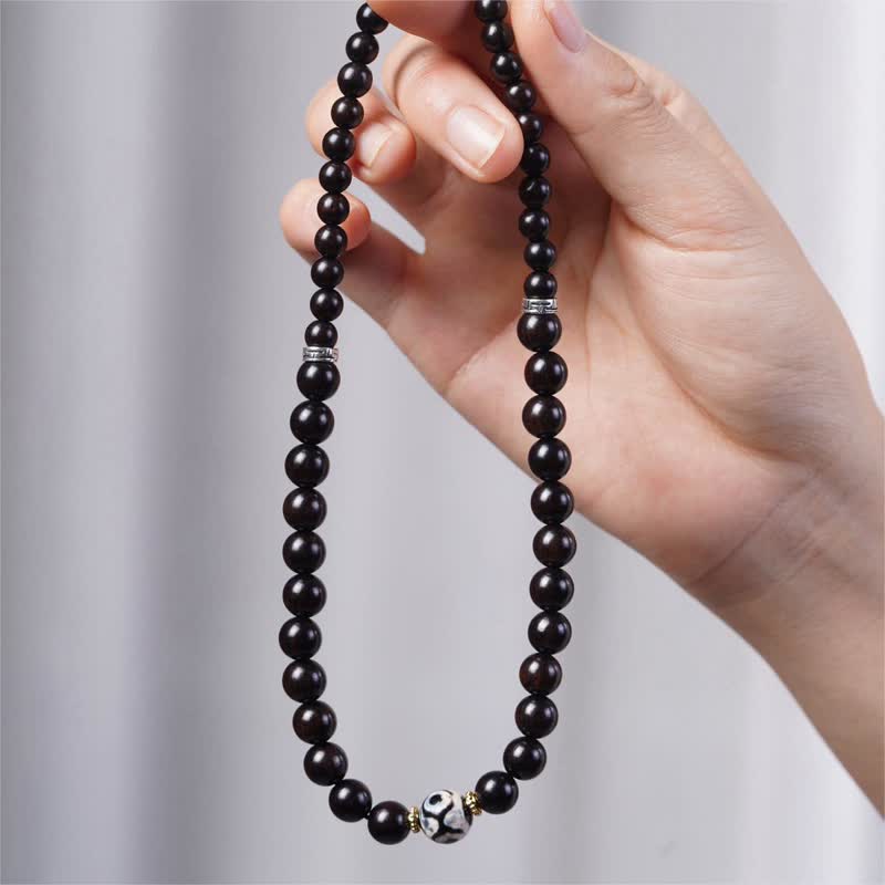 Pulsera de doble envoltura con cuentas Dzi de madera de ébano del Tíbet con Buddha Stones