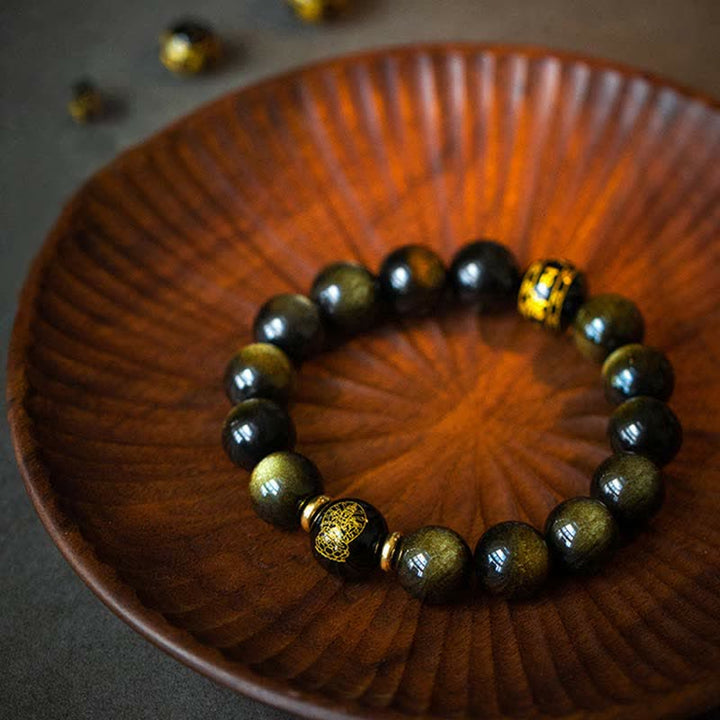 Pulsera de protección de la riqueza de obsidiana con brillo dorado del Buda Natal del zodíaco chino