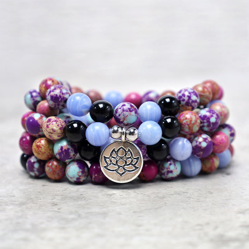 Buddha Stones Natural Púrpura Miano Piedra Real Lotus Mala
