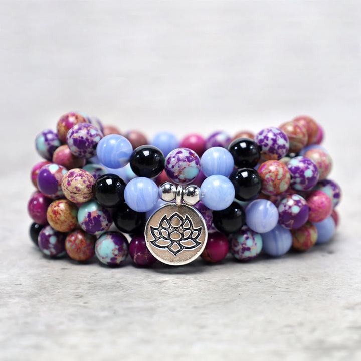 Buddha Stones Natural Púrpura Miano Piedra Real Lotus Mala