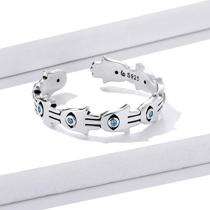Anillo ajustable con circonita y símbolo de Hamsa de plata de ley 925 con Buddha Stones