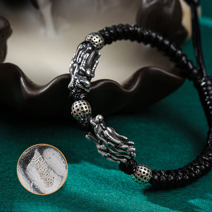Pulsera trenzada hecha a mano con doble suerte de dragón de plata de ley 999 con Buddha Stones