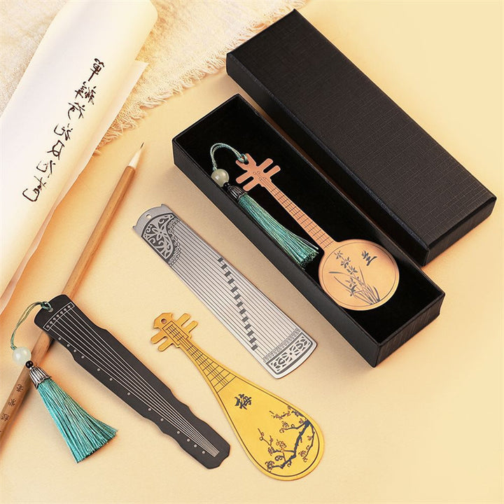 Buddha Stones instrumentos musicales clásicos Pipa Guzheng Guqin Ruan marcapáginas de Metal borla con caja de regalo