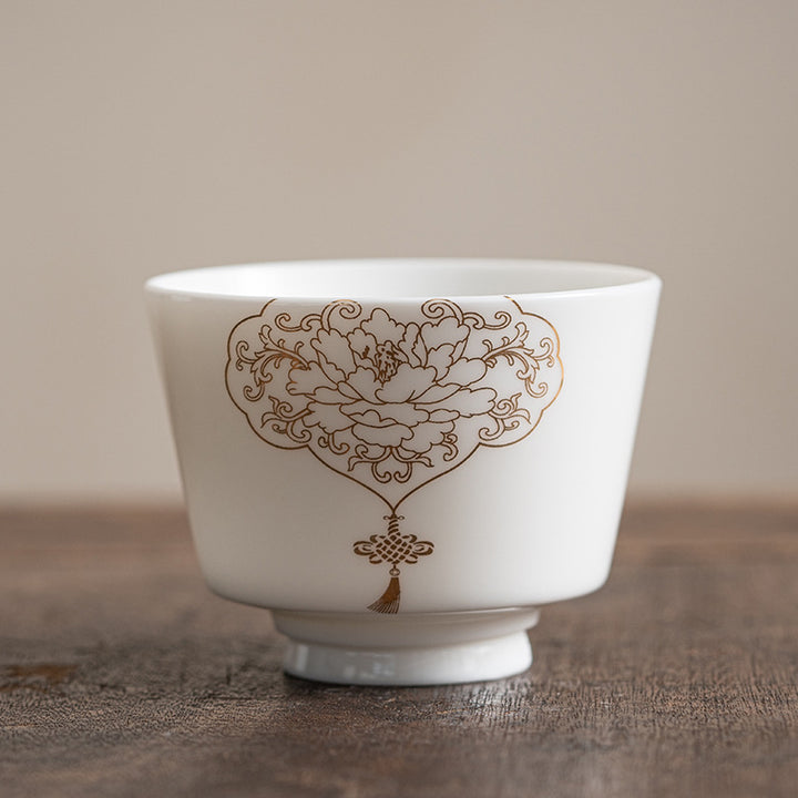 Taza de té de cerámica con Buddha Stones, flor de loto, hoja, montaña, pabellón, alce, peonía, taza de té de Kung Fu