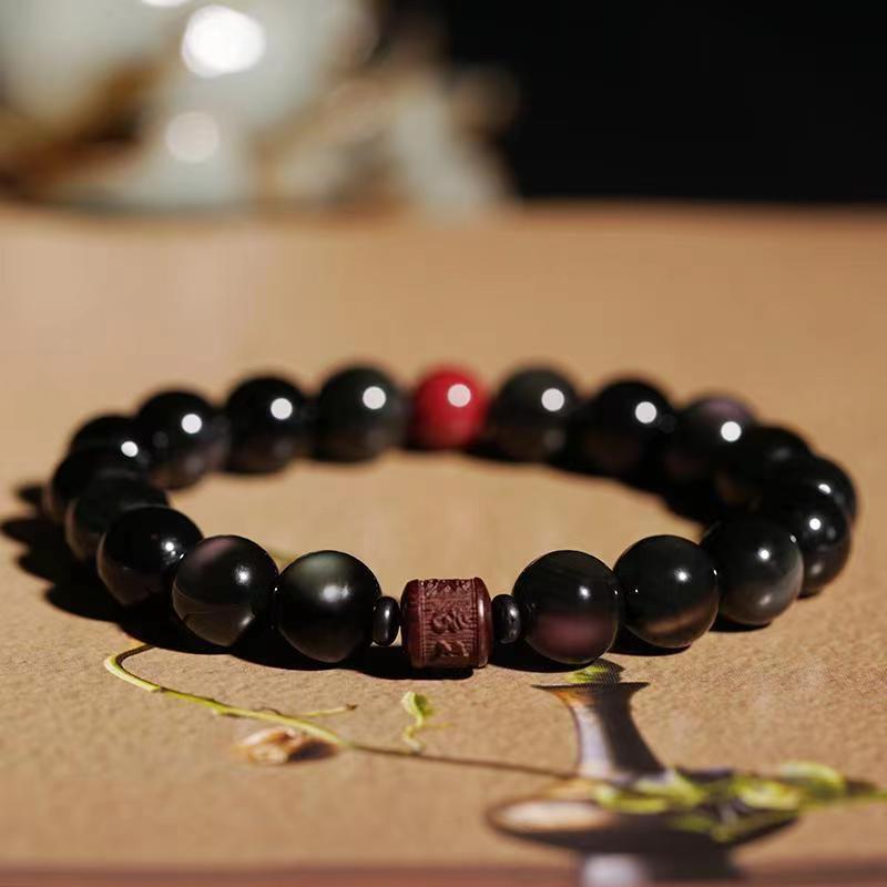 Pulsera curativa con carácter de obsidiana arcoíris de obsidiana con brillo de oro natural con Buddha Stones Om Mani Padme Hum Fu