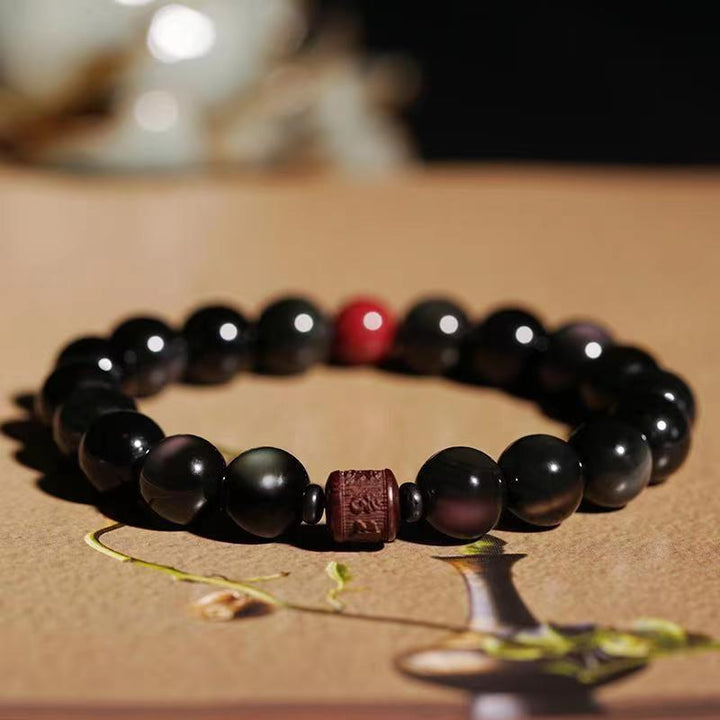 Pulsera curativa con carácter de obsidiana arcoíris de obsidiana con brillo de oro natural con Buddha Stones Om Mani Padme Hum Fu
