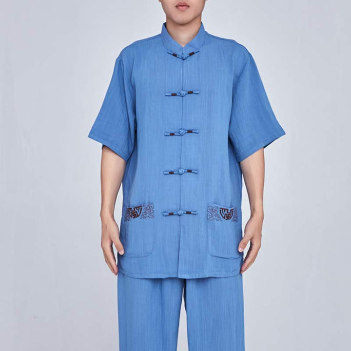 Conjunto de ropa unisex con bordado de Buddha Stones para meditación, oración zen, práctica espiritual de tai chi y qigong - Bordado azul de manga corta - US14, UK/AU18, EU46 (3XL) - image 32