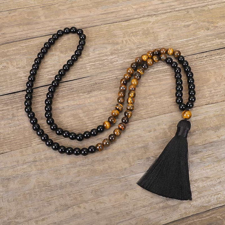 Juego de collar de protección de ojo de tigre de ónix negro tibetano con Buddha Stones
