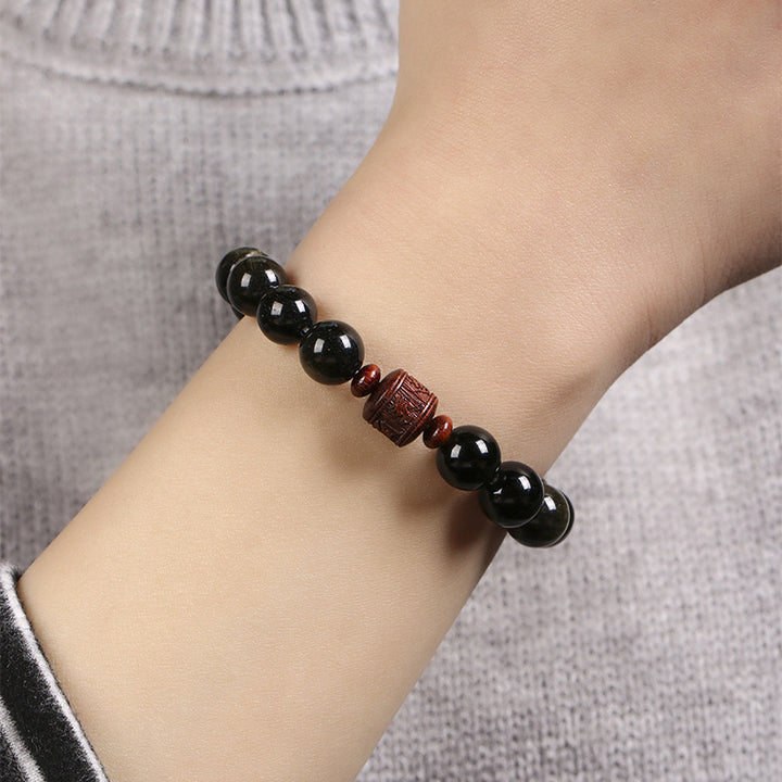 Pulsera curativa con carácter de obsidiana arcoíris de obsidiana con brillo de oro natural con Buddha Stones Om Mani Padme Hum Fu