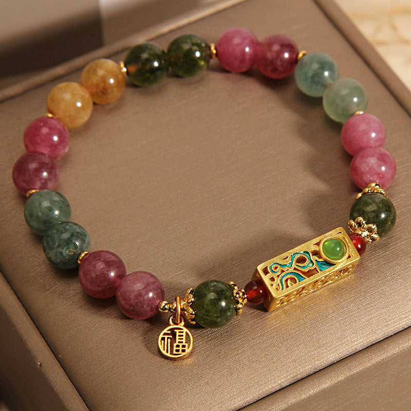 Pulsera con dije de personaje Fu positivo de turmalina colorida con Buddha Stones