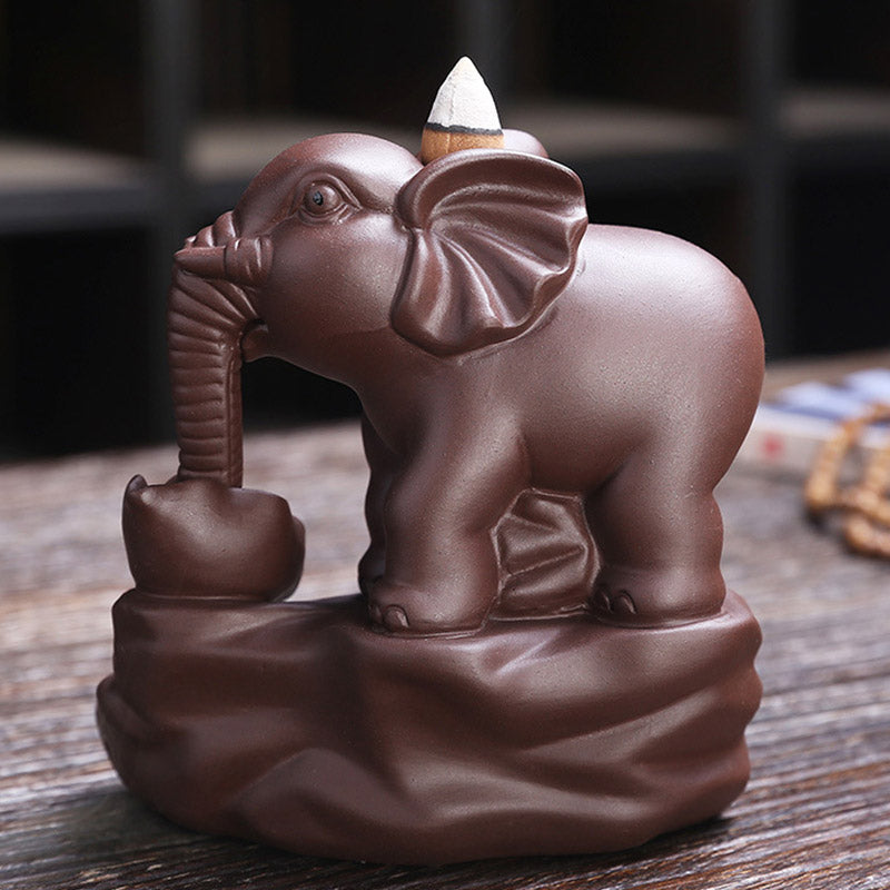 Quemador de incienso de protección para fuente de humo, reflujo de arcilla púrpura, elefante tibetano, decoración