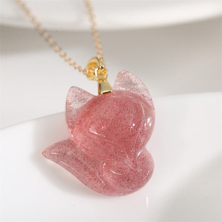 Collar con colgante de zorro y cuarzo fresa con Buddha Stones , bañado en oro de 14 quilates y plata de ley 925. - Cuarzo fresa y baño de oro de 14 k - image 0