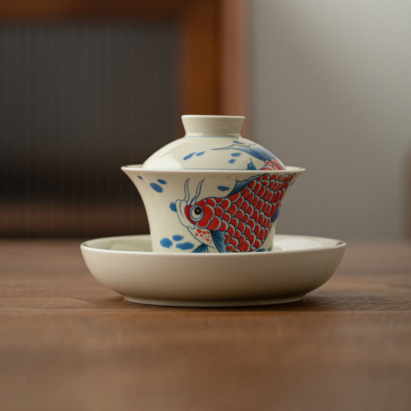 Buddha Stones Koi Arowana cerámica Gaiwan Sancai taza de té Kung Fu con tapa 130ml