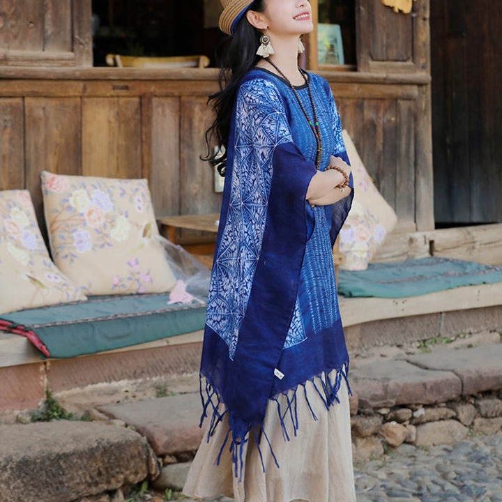 Jersey de viaje acogedor con borlas y chal Batik de rayas geométricas azules con Buddha Stones 90*95cm