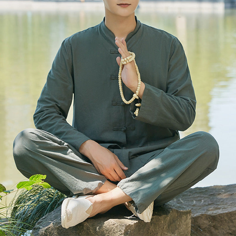 Buddha Stones espiritual Zen práctica Yoga meditación oración ropa algodón lino conjunto de hombres - Verde oscuro - US/UK/AU48, EU58 (6XL) - image 0