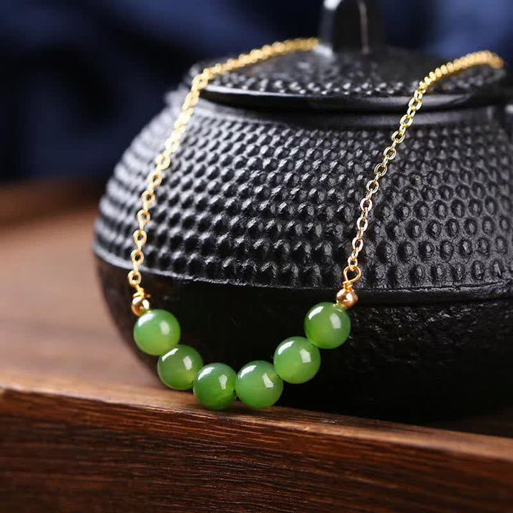 Colgante de collar de la suerte con cuentas de jade cian hetiano chapado en oro de 14 quilates