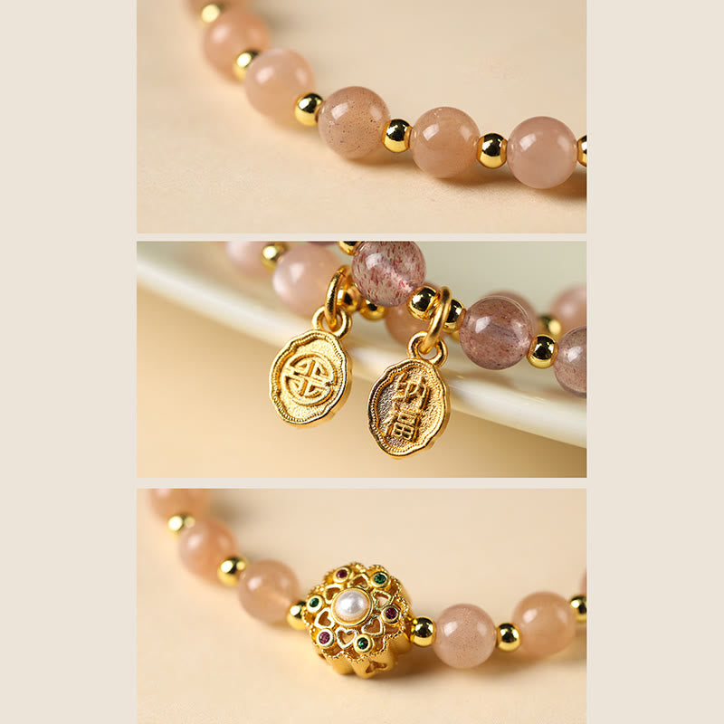 Buddha Stones chapadas en oro de 14 quilates, cuarzo fresa natural, labradorita, piedra solar, personaje Fu, pulsera con dije positivo