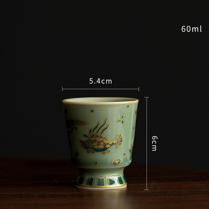 Buddha Stones de porcelana verde, mariposa, flor, salmón, pescado, cerámica, Gaiwan Sancai, taza de té de Kung Fu y platillo con tapa
