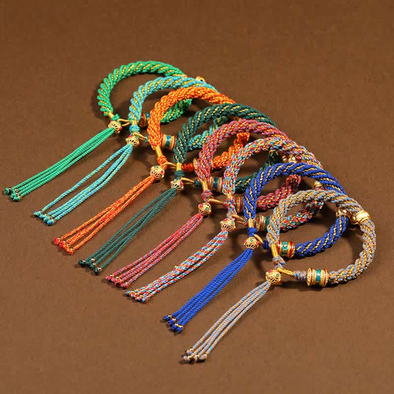 Pulsera de cuerda trenzada con dije de campana y rueda de oración Thangka de protección de la suerte hecha a mano tibetana