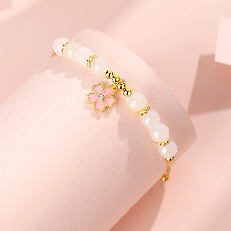 Pulsera de protección de flor de cerezo de jade blanco hetiano de plata de ley 925 con Buddha Stones