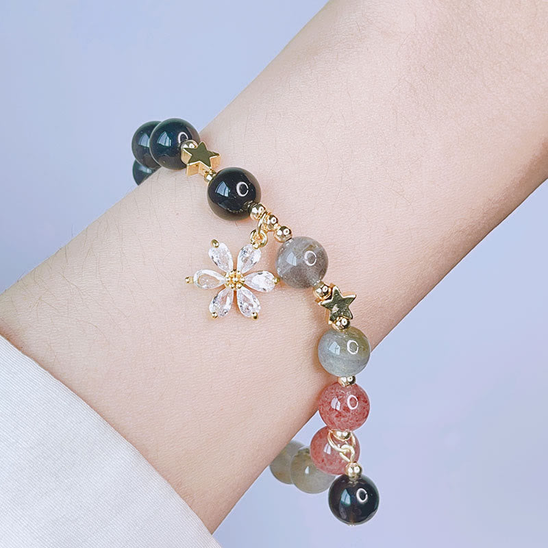Pulsera de protección de flor de estrella de corazón de amor de obsidiana con brillo de plata natural de Buddha Stones