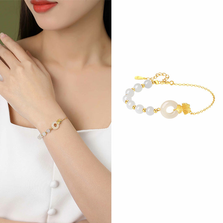 Pulsera de la suerte con Buddha Stones, plata de ley 925, jade blanco hetiano, hebilla de la paz, hoja de Ginkgo