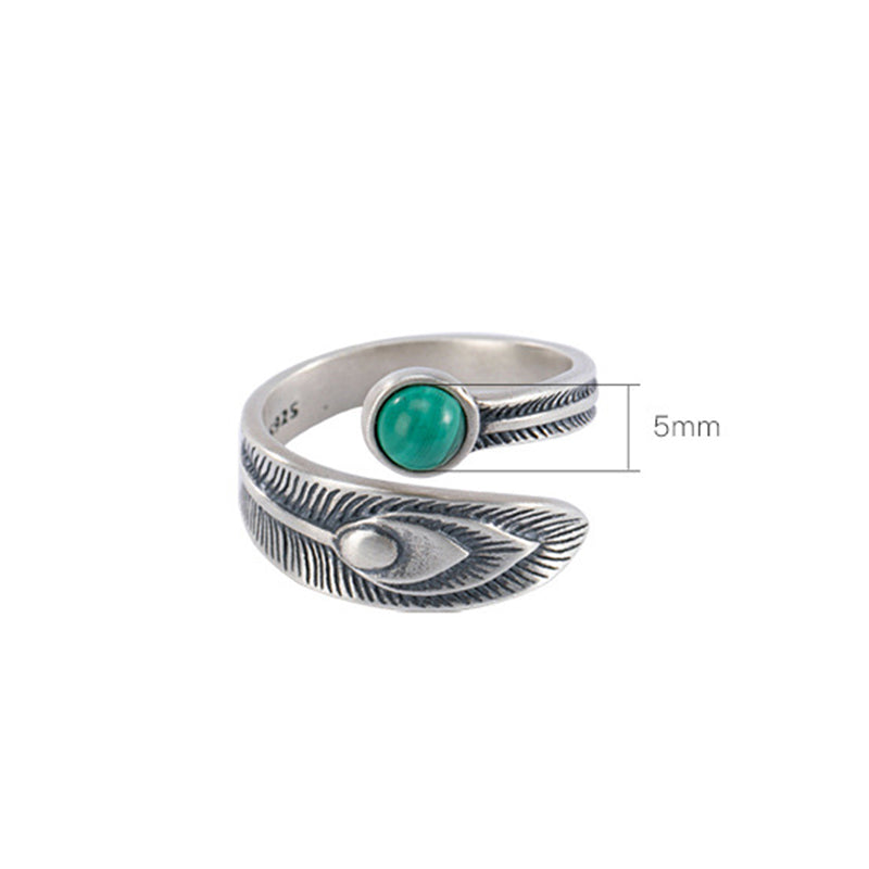 Anillo de protección de plumas de cuentas de malaquita de plata de ley 925