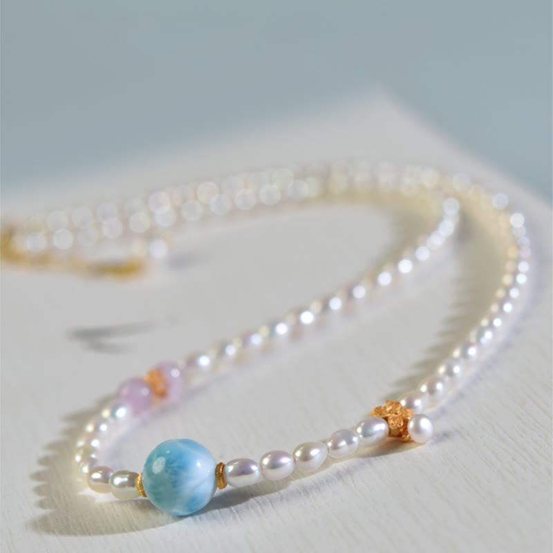 Colgante de collar de sinceridad de Larimar con perlas naturales de plata de ley 925 con Buddha Stones