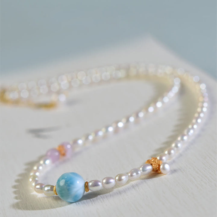 Colgante de collar de sinceridad de Larimar con perlas naturales de plata de ley 925 con Buddha Stones