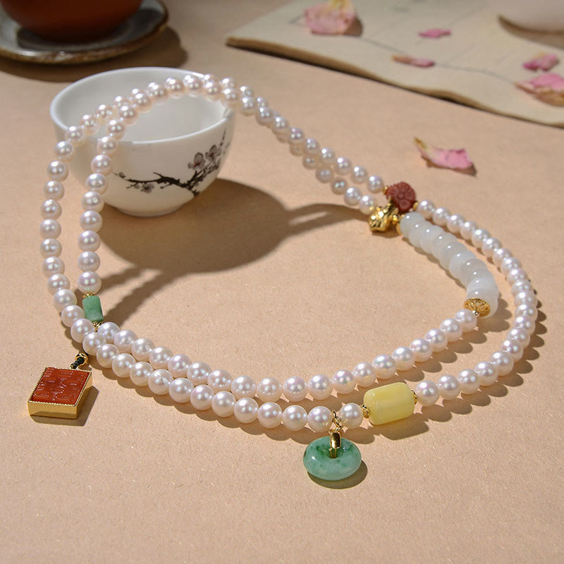 Buddha Stones, Plata de Ley 925, Perla, Jade Hetian, ágata roja, doble felicidad, ámbar, suerte, pulsera cuádruple