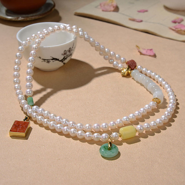 Buddha Stones, Plata de Ley 925, Perla, Jade Hetian, ágata roja, doble felicidad, ámbar, suerte, pulsera cuádruple