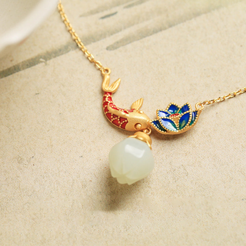 Collar con colgante de plata de ley 925 con Buddha Stones , jade blanco, pez koi y loto - image 5