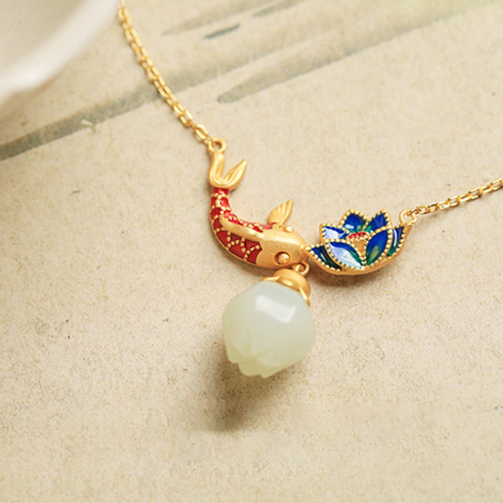 Collar con colgante de plata de ley 925 con Buddha Stones , jade blanco, pez koi y loto - image 5